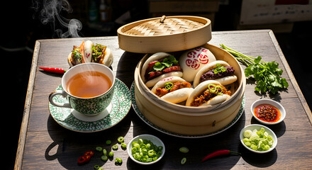 Delectable Asian Culinary Fare: Steaming Tea And Flavorful Bao Buns Awaits