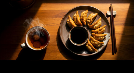 Delectable Asian Cuisine, Warm Tea Accompaniment, Artistic Food Photography Capture
