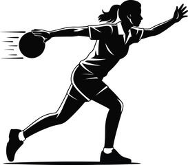 Woman bowling with a black ball in motion dynamic silhouette on transparent background