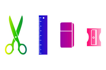 Colorful icons of stationery items on a white background. From left to right: green and yellow gradient scissors