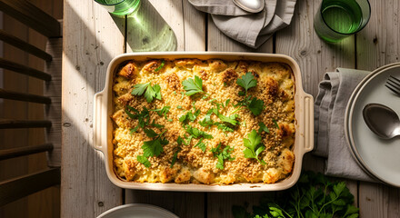 Delectable Baked Casserole Dish with Fresh Herbs Ready to be Served on a Cozy Rustic Tabletop