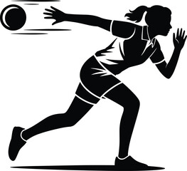 Female athlete throwing a ball in dynamic motion on transparent background silhouette