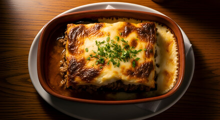 Delectable Baked Dish with Golden Crust and Fresh Herbs, Served in a Rustic Brown Bowl
