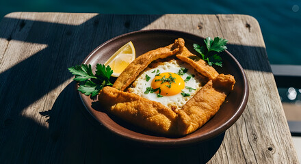 Delectable Baked Egg Dish with Lemon Garnish Presented on Rustic Wooden Table