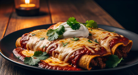 Delectable Baked Enchiladas With Melted Cheese Garnished With Fresh Cilantro Sprigs