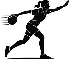 Female bowler in action throwing a ball dynamic pose on transparent background silhouette