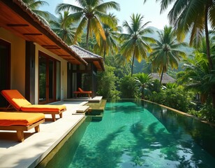 Fototapeta premium Infinity swimming pool at luxury resort hotel villa. Orange lounge chairs on deck by calm turquoise water. Rich palm trees surround jungle paradise, tropical vacation destination.