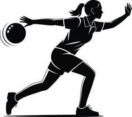 Female bowler in action throwing a ball dynamic pose on transparent background silhouette