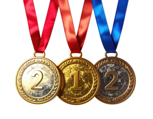 Three medals with ribbons hanging, showing different places