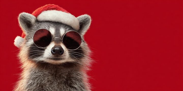 Festive raccoon wearing Santa hat and sunglasses against red background, playful christmas animal portrait with cozy mood