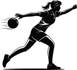 Woman bowling with a ball in motion dynamic sports image silhouette on transparent background
