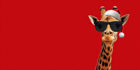 Festive christmas animal giraffe wearing santa hat and sunglasses cheerful portrait on red background