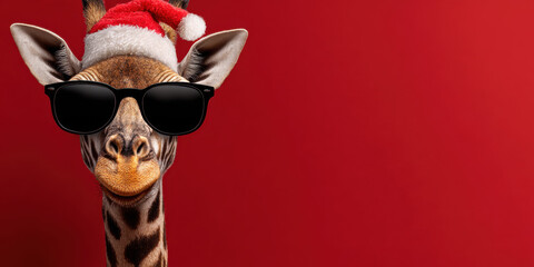 Festive giraffe wearing Santa hat and sunglasses, playful animal portrait with christmas cheer