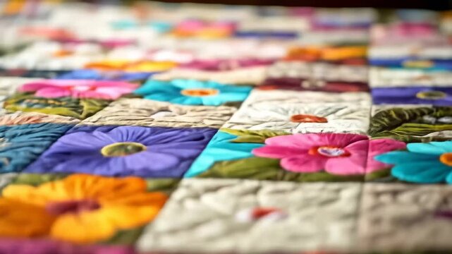 Detailed Close Up of a Colorful Handmade Floral Quilt.