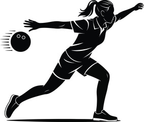 Female bowler in action throwing a bowling ball on transparent background silhouette