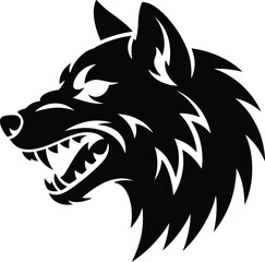 Aggressive wolf head design element with sharp teeth on transparent background silhouette