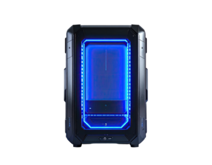 Modern computer case with vibrant blue lighting