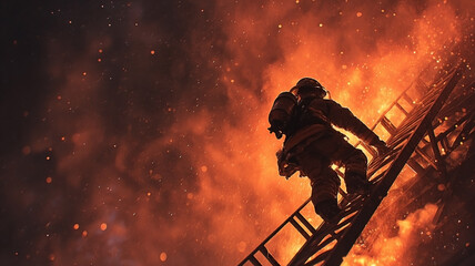 Brave firefighter ascending a ladder towards a fiery blaze situation heroism
