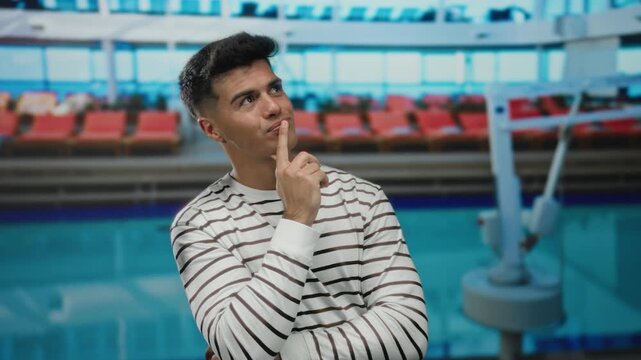 Young man smiling on a cruise ship with a swimming pool in the background, wearing a striped shirt and enjoying the outdoor environment with a thoughtful expression.