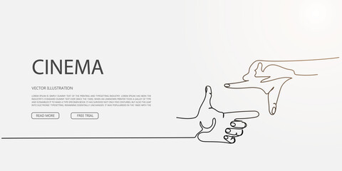 Cinema landing page with framing hands gesture in minimalist style, vector layout for director portfolio or film site