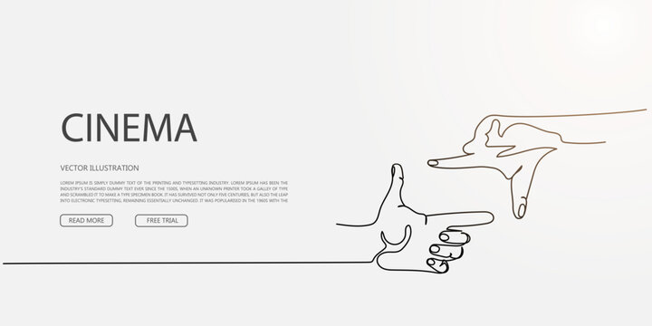 Cinema landing page with framing hands gesture in minimalist style, vector layout for director portfolio or film site
