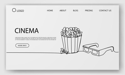 Linear design of popcorn bucket and 3D glasses on a web layout for cinema and movie streaming site concept