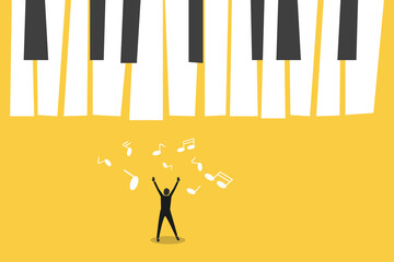 view of young businessman happy front abstract piano keys. Music, show business concept