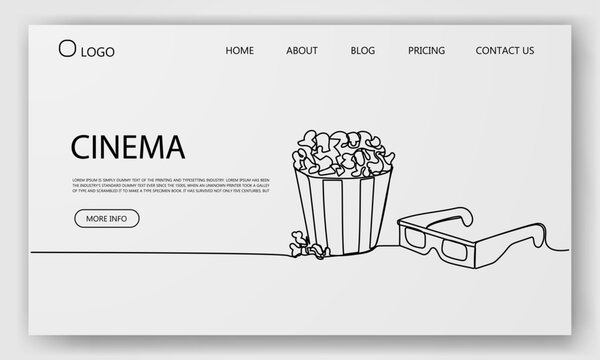Linear design of popcorn bucket and 3D glasses on a web layout for cinema and movie streaming site concept