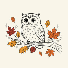 Charming Hand-Drawn Owl Perched on an Autumn Branch Adorned with Colorful Falling Leaves, Capturing the Cozy Essence of the Fall Season in a Whimsical Woodland Scene