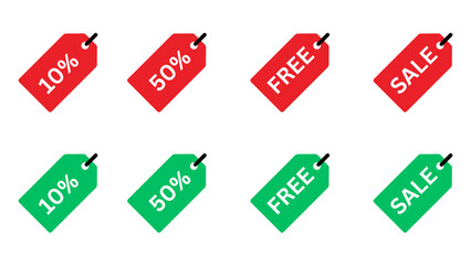 E-commerce Price Tag Set | Red and Green Discount Labels with 10%, 50%, FREE, and SALE Texts | Shopping Promotion, Special Offer, and Marketing Icons PNG

