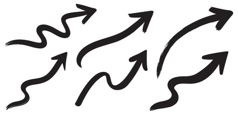 Stylized black brushstroke arrows on a white background, varying in size and direction. Hand-drawn aesthetic symbolizes progress, movement, and growth in a bold, minimalist graphic style.