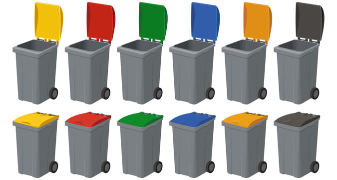 Set of Recycling Bins / Trash Cans with Open and Closed Colorful Lids