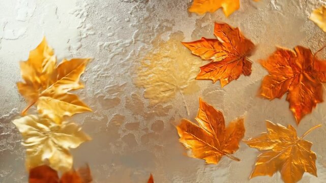 Autumn leaves pattern on textured glass background with warm golden tones