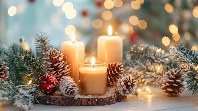 Cozy holiday atmosphere with candlelight and pine cones amid festive bokeh
