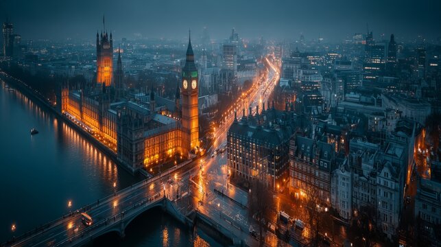 London city view at night, showing big ben, parliament, and river thames with illuminated streets