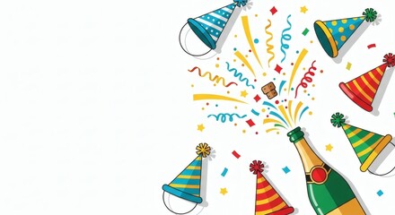 Happy New Year Celebration Festive Illustration with Party Hats and Champagne, a Joyous Beginning!