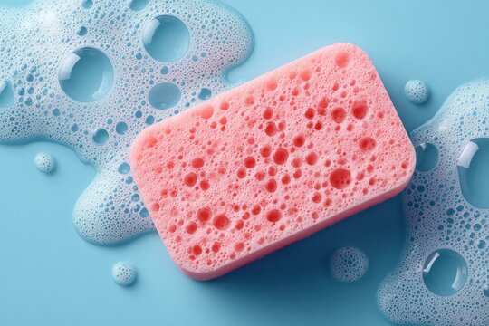 Soap Sponge and Suds: An eye-level shot of a pink sponge surrounded by bubbly soap suds, perfect for cleanliness and hygiene. 