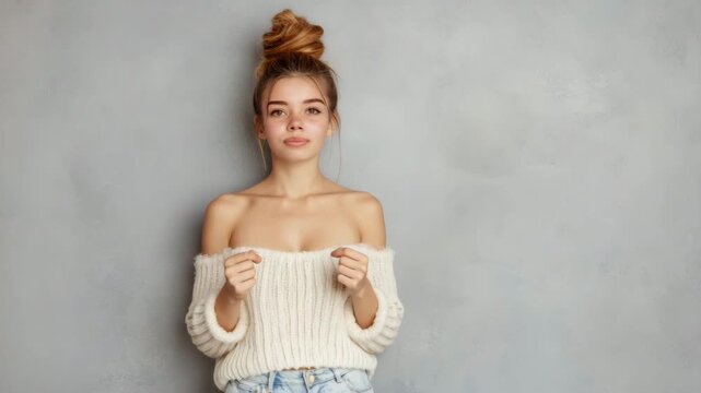 Cheerful young woman with undone updo and soft knit top, presenting warm smile against neutral plastered wall