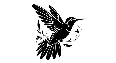 Elegant black silhouette of a hummingbird in flight with decorative floral elements and swirling vine accents on a white background