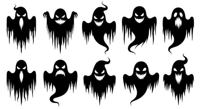Collection of ten spooky black ghost silhouettes with dripping effect and menacing faces perfect for halloween decorations and designs