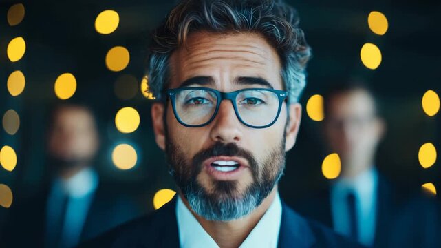Confident professional man with distinguished gray hair and glasses communicates important message, illuminated by soft golden light