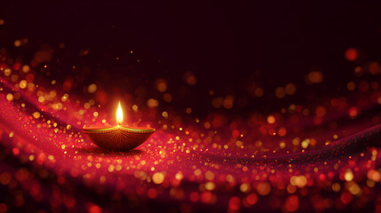 Traditional diya lamp glowing with golden sparks on red background — elegant festive scene symbolizing warmth, spirituality, and light during Diwali, Bhai Dooj, and other Indian celebrations