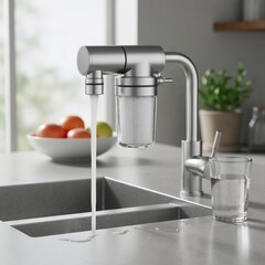 Modern stainless steel kitchen faucet with filtered water stream  