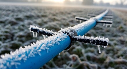 Frozen irrigation pipe covered in frost on a cold winter morning  