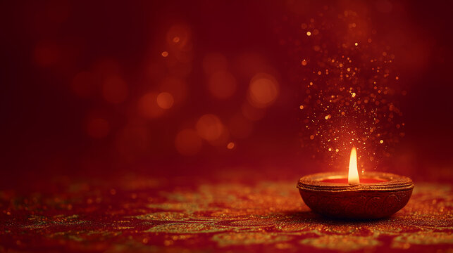Traditional diya lamp glowing with golden sparks on red background — elegant festive scene symbolizing warmth, spirituality, and light during Diwali, Bhai Dooj, and other Indian celebrations