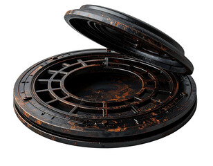 Rusty circular manhole cover, open