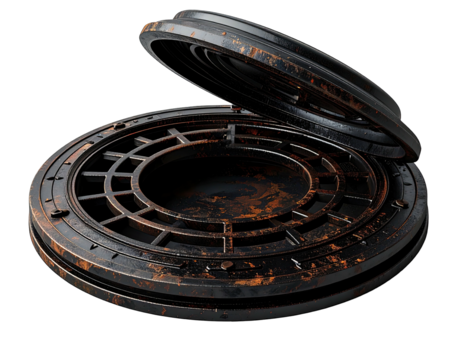 Rusty circular manhole cover, open