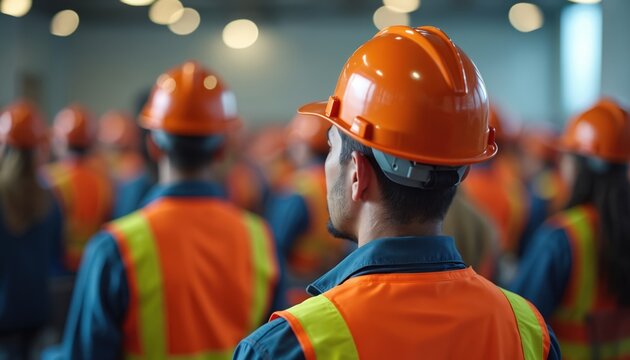 Construction workers wear hard hats and safety vests. They listen during a safety training program in a large room. Professionals gather for workplace education and skill development.