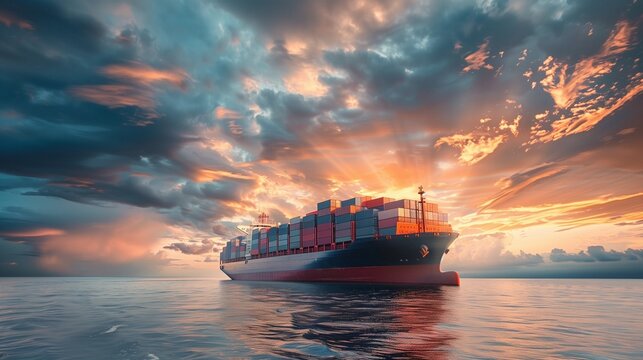 Large container cargo ship sailing across open sea, dramatic cloudy sky background, global trade concept. - Powered by Adobe