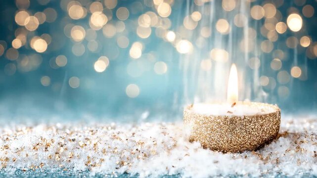 Warm glowing candle illuminating festive winter snow with enchanting bokeh lights, serene holiday background for peace and contemplation.